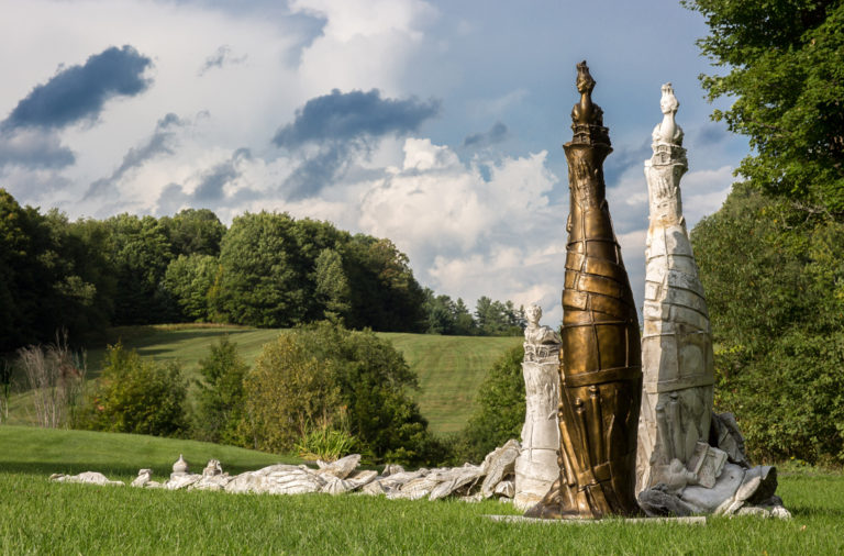 Leslie Fry. Building Stories. 2018. Plaster sculpture casts with the bronze sculpture, NestBuilder. Variable dimensions. Kent Museum, Calais, Vermont.