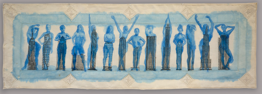 Leslie Fry. Body Buildings. Ink, transfers on vintage table runner. 18" x 55"