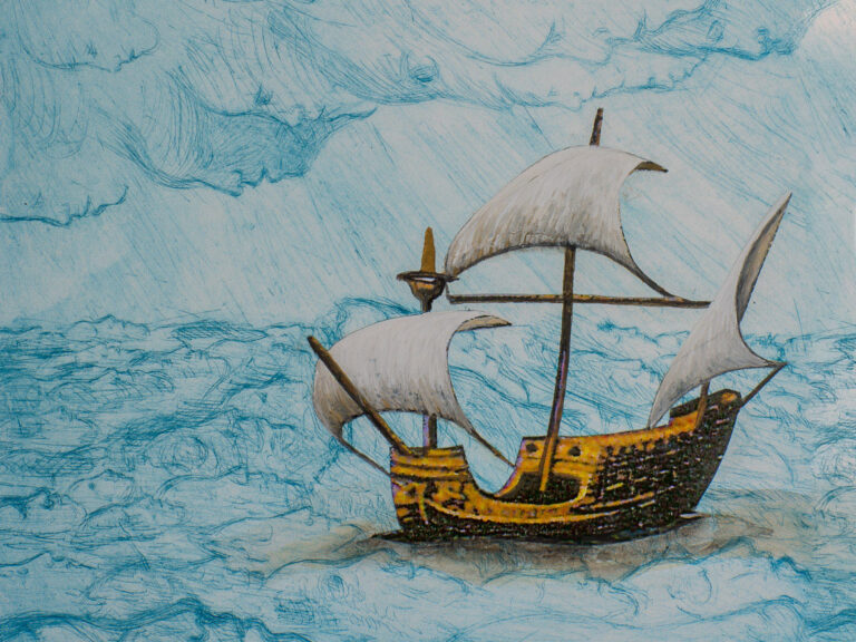 Leslie Fry. Caravel. 2018. Collage, gouache, on monotype. 8” x 8”